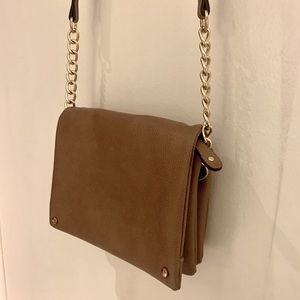 Taupe brown & gold chain cross body purse